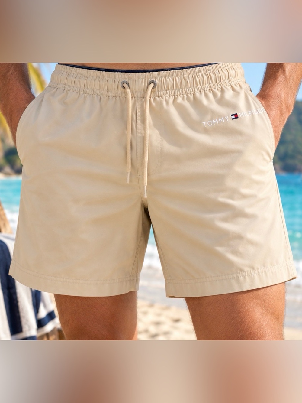 Tommy Hilfiger Men's Swim Trunks | Beige | Large | Mesh Lined Board Shorts